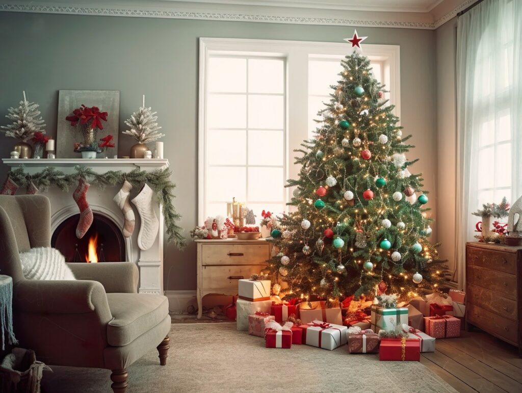 Traditional living room with real fire and large real Christmas tree