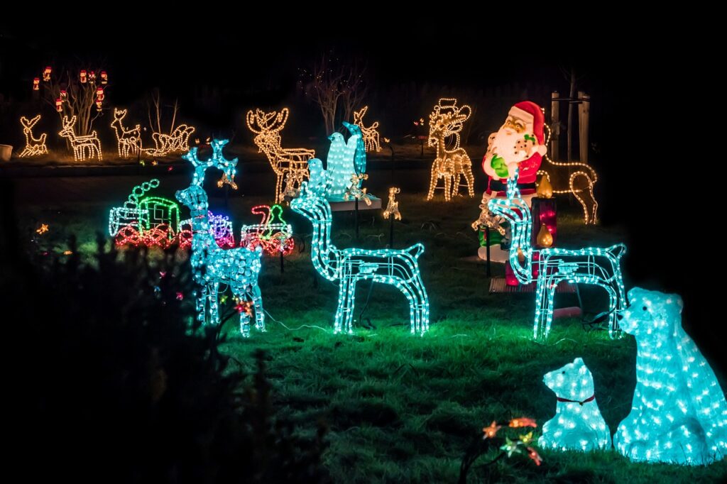 Outdoor Christmas lights and decorations in a garden